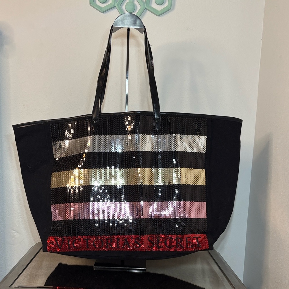 Victoria's Secret Black and Red Sequin Tote Bag Purse NWOT